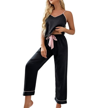 

LEEy-world Satin Pajamas Women Womens Loose Suspender Top Shorts Pajama Suit Pattern Printed Two Piece Housewear Black S