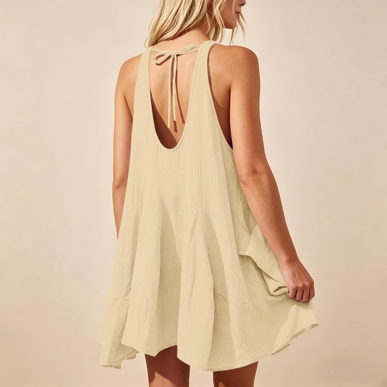 Women's Solid Color Sleeveless A-Line Dress, Casual Crinkled Fabric Tank  Dress with Pockets, Loose Fit Lightweight Mini Sundress for Summer Beach  and Daily Wear Beige M - Walmart.com