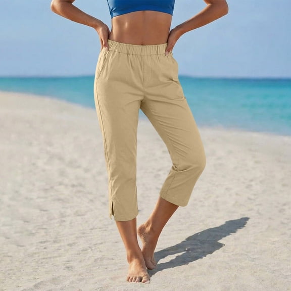 MHOSTAFH Women's Cotton Linen Capris Lightweight Summer Elastic Waisted Split Side Cropped Trouser Casual Sports Capri Pants with Pockets