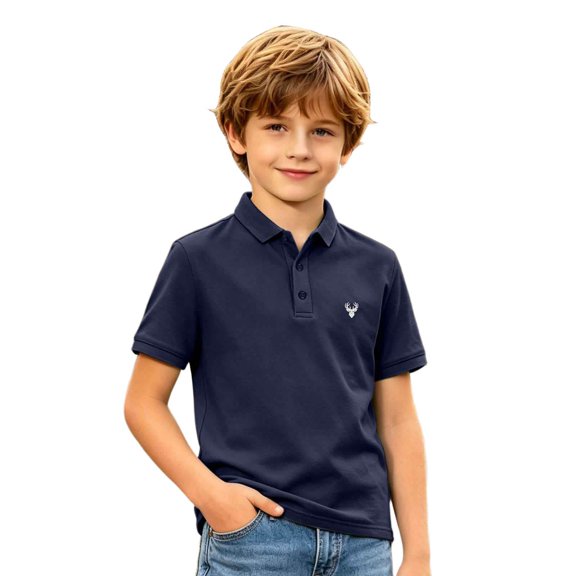 Kids Short Sleeve Polo Shirt Boys Girls Classic Lapel Collar Deer Embroidery Casual Tops Lightweight Breathable Summer Tee for Daily Wear Oktoberfest Outfit(Dark Blue,9-10Years)