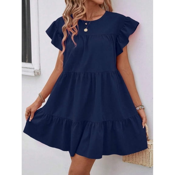 Navy Blue Solid Ruffle Hem Smock Dress With Flutter Sleeves For Casual Holiday Wear