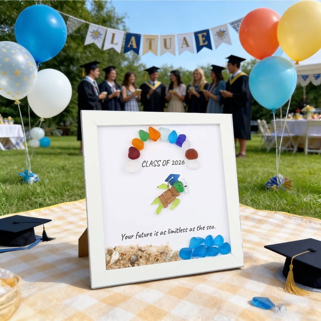 Graduation Photo Frame, Crystal Wooden with Multicolor Simulated Sea Glass Design, 30x20 cm or 25x25 cm Display Keepsake for Desk or Shelf