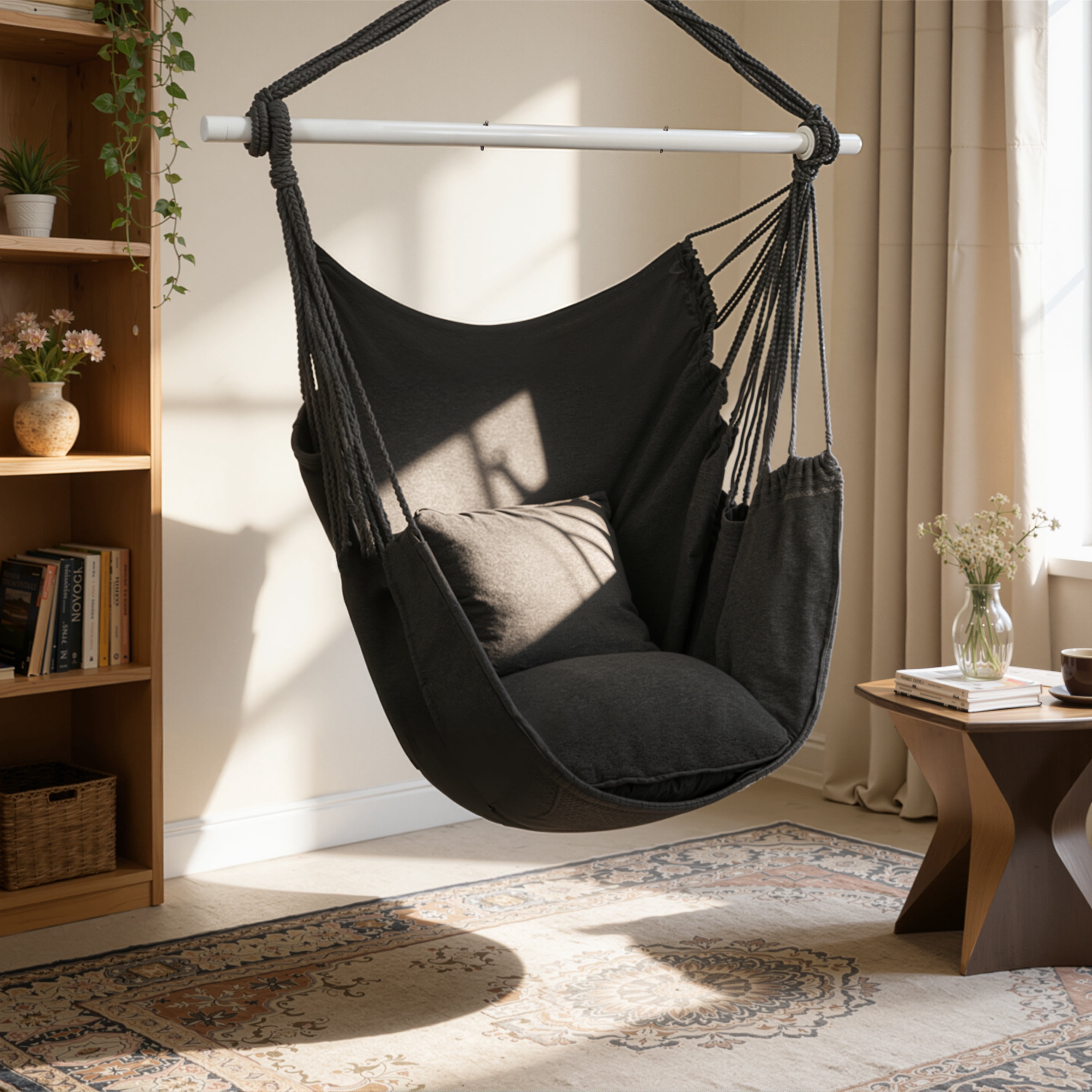 Large Hammock Chair Swing, Relax Hanging Rope Swing Chair with Detachable Metal Support Bar & Two Seat Cushions, Cotton Hammock Chair Swing Seat for Yard Bedroom Patio Porch Indoor Outdoor
