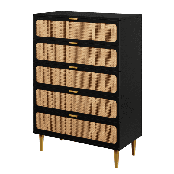 Goldensoil 5 Drawer Dresser for Bedroom, Rattan Modern Closet Dressers Chest of Drawers, Black