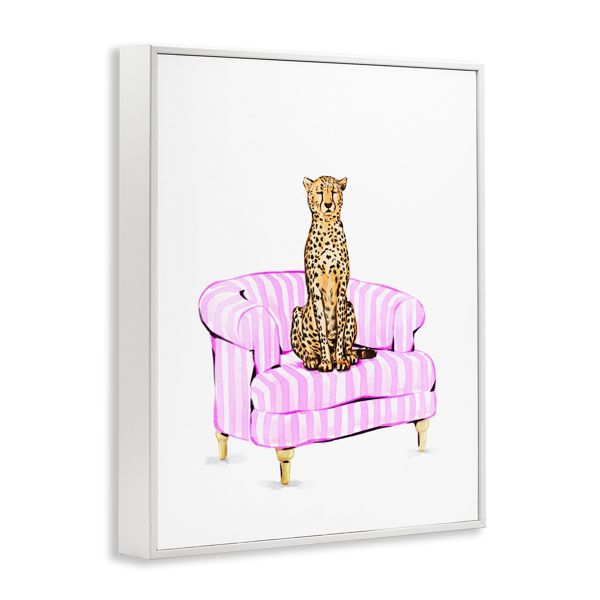 Cheetah on Pink Stripe Chair White Framed Giclee Art, design by Ziwei Li