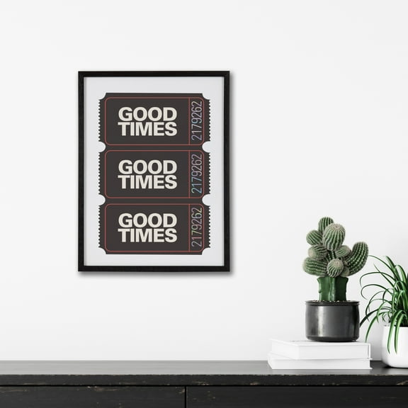 Kate and Laurel Preppy Retro Positive Quote Good Times Ticket Framed Wall Art by The Creative Bunch Studio, 12x16 Black, Movie Theater Ticket Art for Wall
