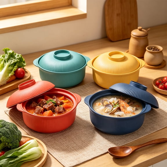 Ohmyroo Microwave Safe Soup Bowl With Lid, 7.7 In Ribbed Plastic Bowl With Double Handles
