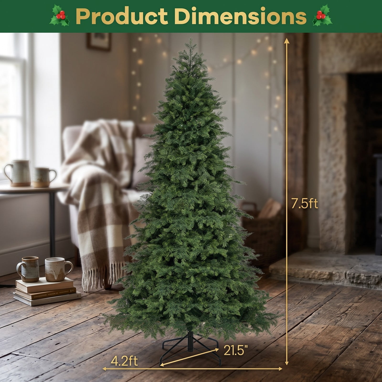 RUIE 7.5 ft Artificial Christmas Tree, Green Hinged Holiday Xmas Tree with 1019 Lush Branch Tips, Foldable Metal Base, 3-Section Unlit Spruce Pine Tree for Home, Green