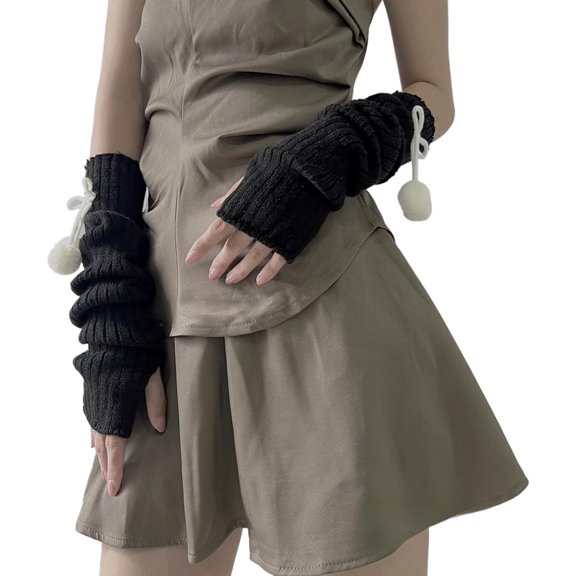 PIKADINGNIS Arm Warmers for Women Cute Y2k Girls Punk Cotton Knitted Bowtie Pom-Pom Long Sleeve Fingerless Gloves Kawaii