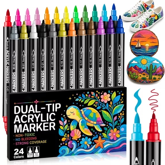 24 Colors Acrylic Paint Pens, Dual Tip Waterproof Markers, Quick Dry High Pigment Paint Pens for Rock Painting Wood Canvas Ceramic Glass DIY Art Crafts