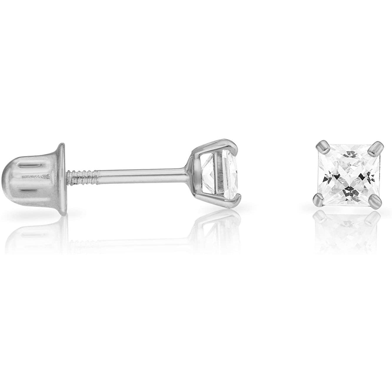 14k White Gold 5mm Cubic Zirconia Princess-cut Square Stud Earrings with Screw Backs