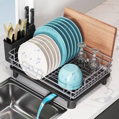 Stainless Steel Dish Drainers Drying Rack for Kitchen Counter with Automatic Drainage, 1 Tier Rust Proof Metal, Space Saving, Modern Aesthetic, Compact Plates Strainers,Gray