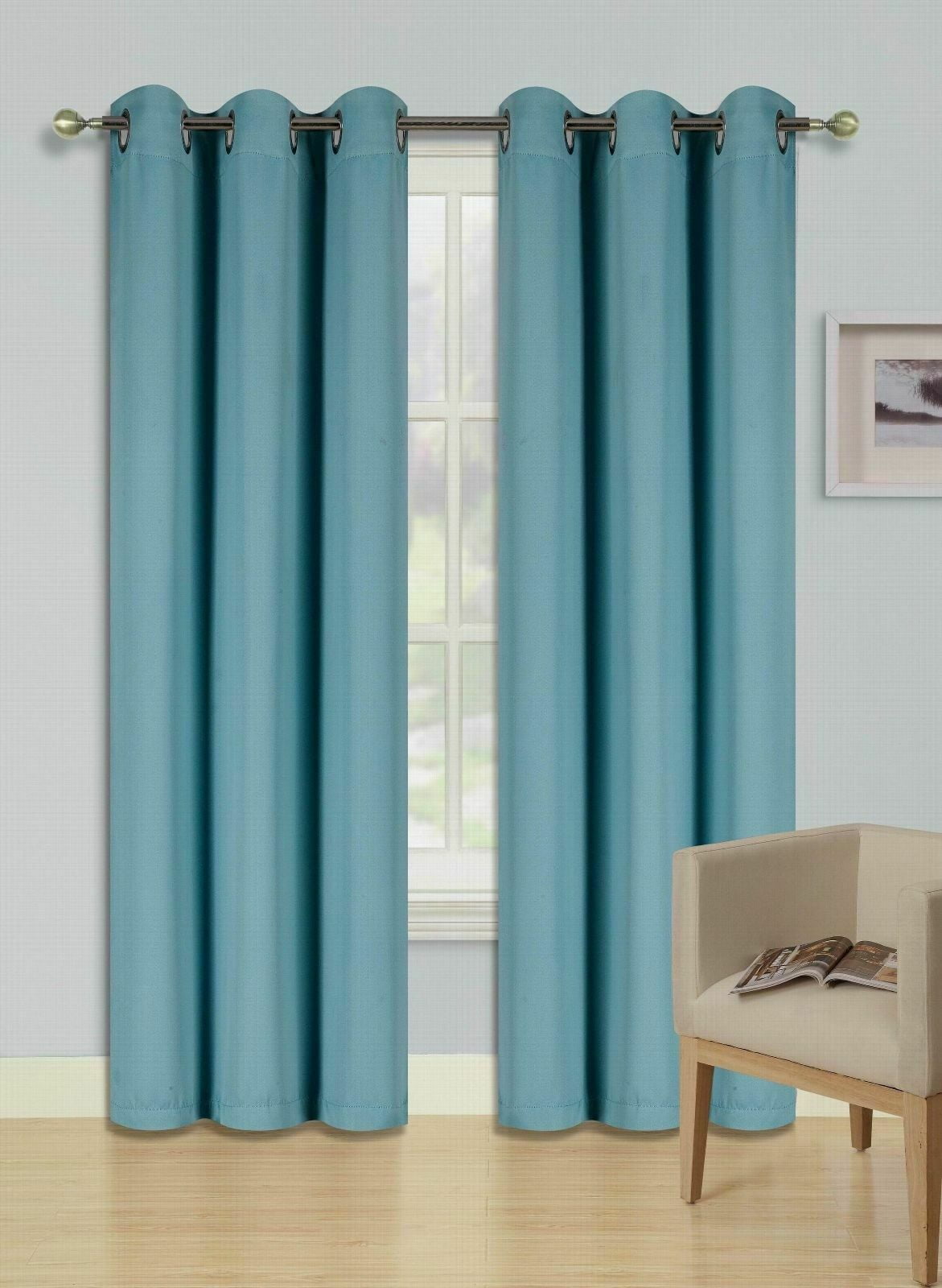 Set of 2 panels K68 teal blue color blackout unlined thermal light blocking drapes for living room window curtain top grommets noise reducing 37' wide X 63' length each panel