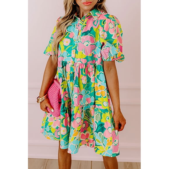 FOLUNSI Chic Spring Floral Dress: Puff Sleeves & Stylish Collar, Daily Fashion Favorite!