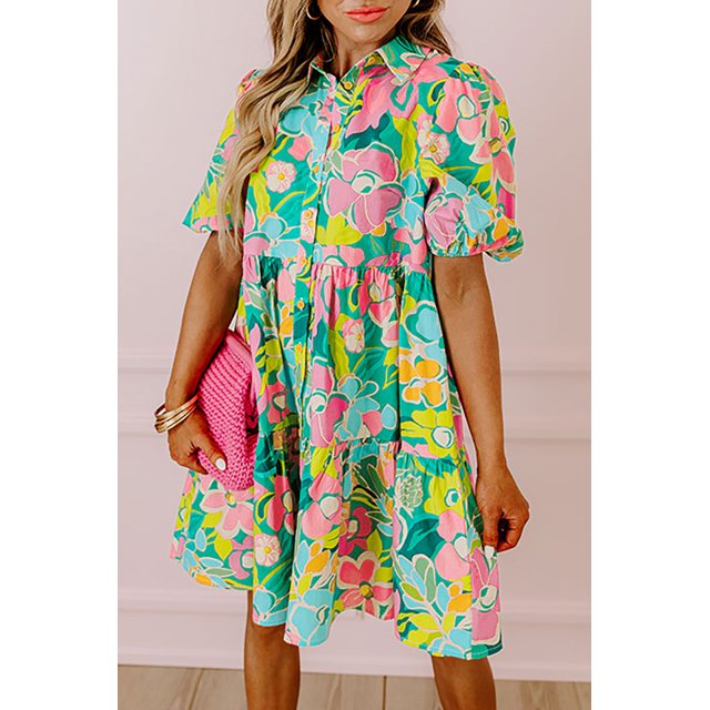 FOLUNSI Chic Spring Floral Dress: Puff Sleeves & Stylish Collar, Daily Fashion Favorite!