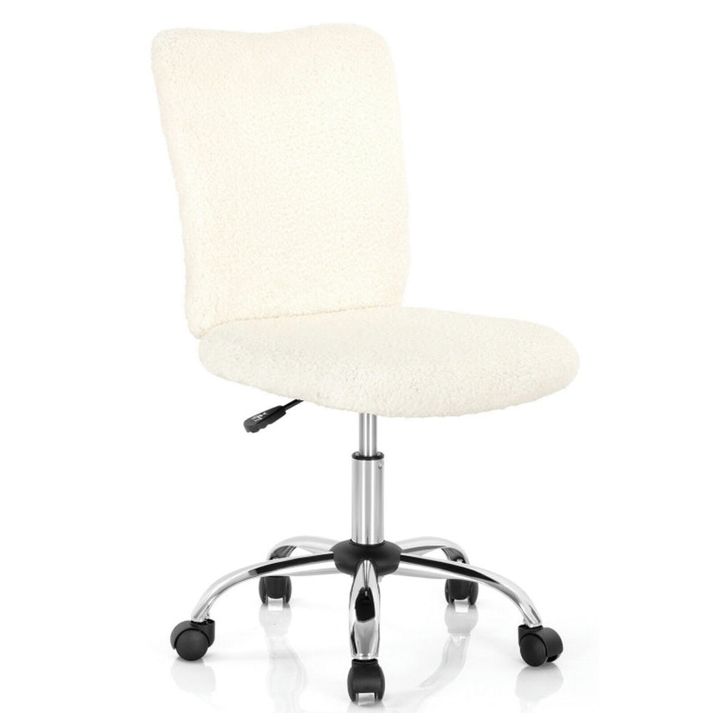Demi Bonn Armless Faux Fur Leisure Office Chair with Adjustable Swivel, Rolling Work Computer Desk Chair for Home, Bedroom, Study, White