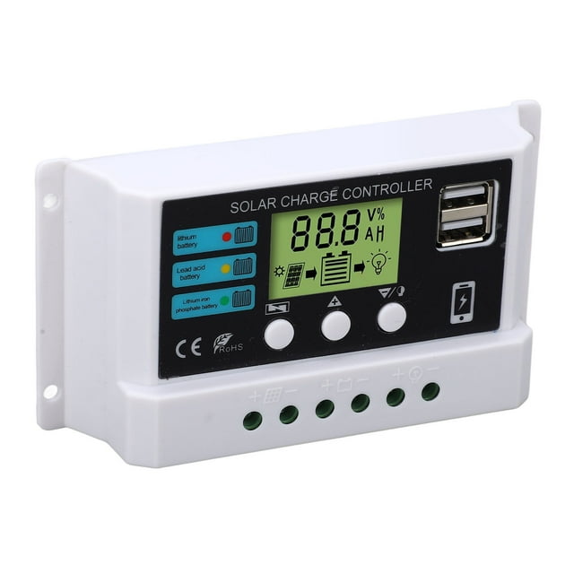 Controlador solar con chip industrial, pantalla LCD, protección contra sobrecarga, regulador solar de 12 V y 24 V, autoadaptación, color blanco, 10 A