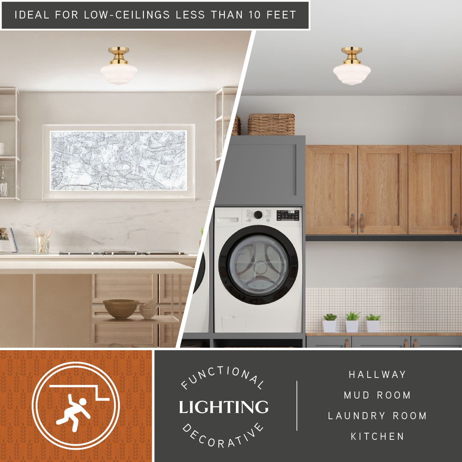 Eastgate 8.75-in W Gold Brass Traditional Semi Flush Mount Ceiling Light White Schoolhouse Glass