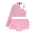 thumbnail image 4 of YiZYiF Kids Girls Sparkly 2 Piece Dancing Outfit Rhinestones Dance Crop Top and Feather Briefs Skirt Pink 8, 4 of 6