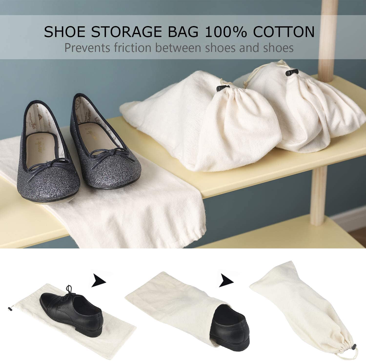 Shoe Storage Bags 100% Cotton with Drawstring for Men and Women for Travel Protecting and Storing Shoes