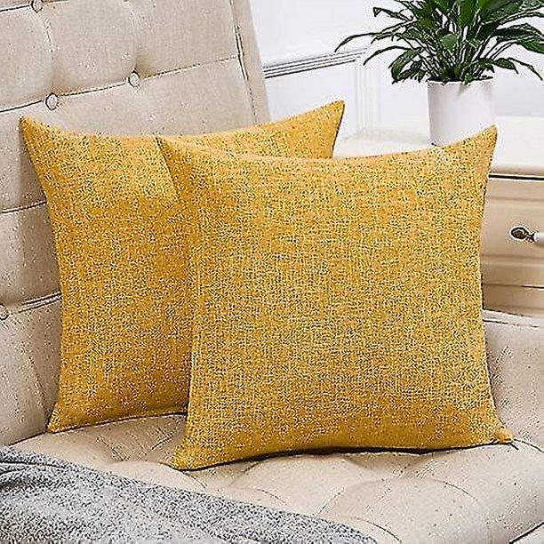 Juego de 2 fundas de almohada de color amarillo mostaza, fundas de almohada cuadradas decorativas de lino rústico, 18x18 pulgadas para decoración de sofá (hy)