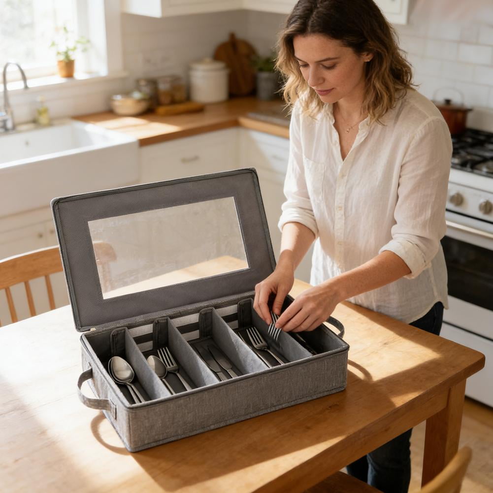 Large Capacity Silverware Storage Box – Linen-Like Utensil Organizer with Removable Lid & Adjustable Dividers, Foldable Portable Cutlery Holder for Knives Forks Spoons, Kitchen Pantry Camping Storage