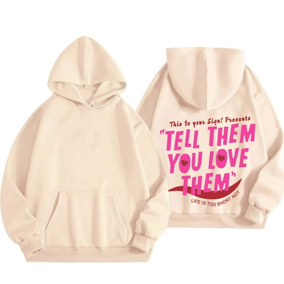 Charmgo Hoodies for Women Trendy, Women's Letter Graphic Print Long Sleeve Tops Drawstring Hoodies Crewneck Sweatshirt Casual Pullover Tops, Graphic Hoodies Beige L