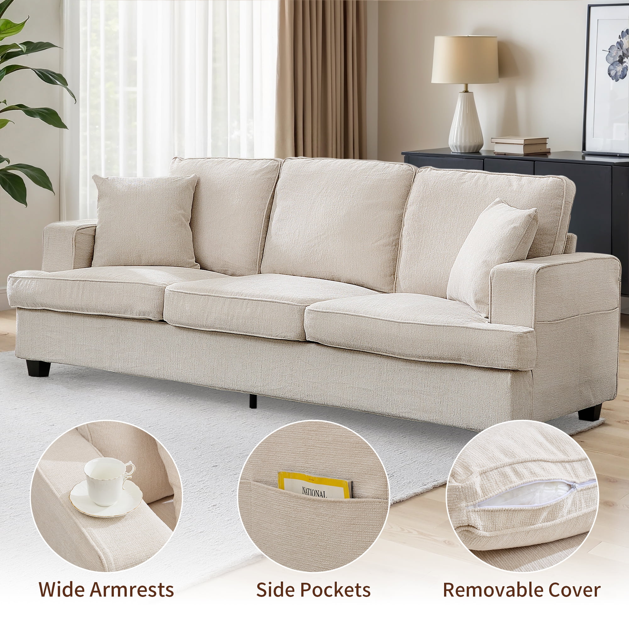 Korser 89" Chenille Sofa 3 Seater Couch with Extra Upholstered Deep Seats for Living Room,Removable Cover,Assembly Required,Beige