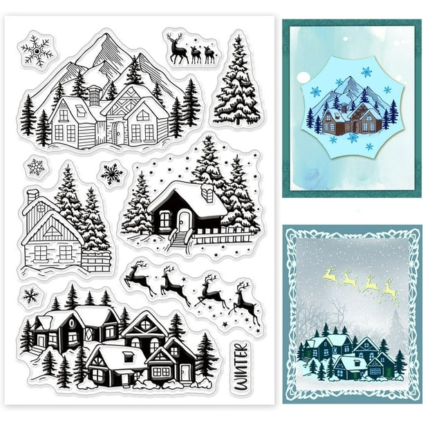 Sellos transparentes con temática invernal: Casa de nieve, alce, copo de nieve, árbol sagrado. Sellos de silicona para decoración de tarjetas y álbumes de recortes DIY. 6,3 x 4,3 cm.
