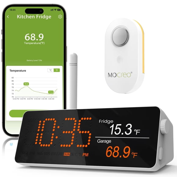 MOCREO WiFi Remote Refrigerator Thermometer, 1/3 Mile Long Range Freezer Alarm, IP66 Waterproof, App Email Alert, with Digital Monitor Hub, 1 Smart W