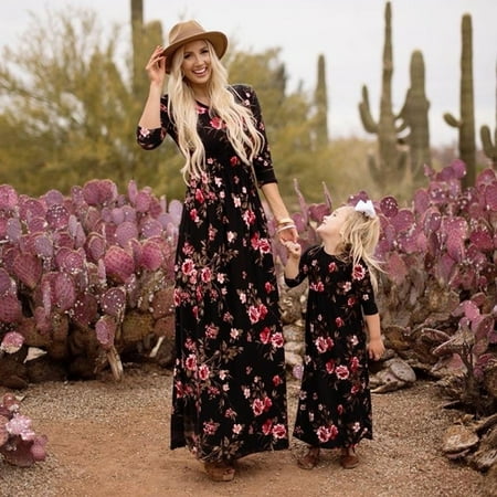 

Sokhug Christmas Family Pajamas Mother And Daughter Women 3/5 Sleeve Floral Print Dress Matching Clothes