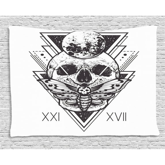 Death Moth Tapestry, Sacred Geometry Skull Dead Head Alchemy Hipster Tattoo Style Art, Wall Hanging for Bedroom Living Room Dorm Decor, 60W X 40L Inches, White and Dark Blue Grey, by Ambesonne