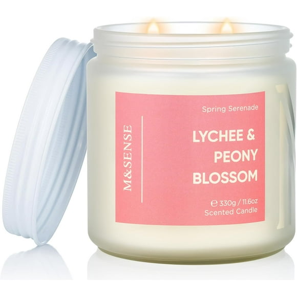 M&SENSE Bougie Parfumée Litchi Pivoine, Bougie en Cire de Soja Naturelle 11.6oz 70 Heures de Combustion Non Toxique, 2 Mèches Parfum Fruité Frais pour Bain, Bougie Douce Cadeaux Romantiques pour Femmes & Petite Amie