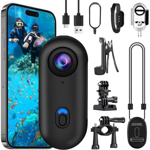4K WiFi Cámara de acción de Pulgar, Kit de Cámara para Collar de Mascotas, 30m Camara Buceo Impermeable, Gran Angular 120°, Camara DV Video Vlog para Deportes Al Aire