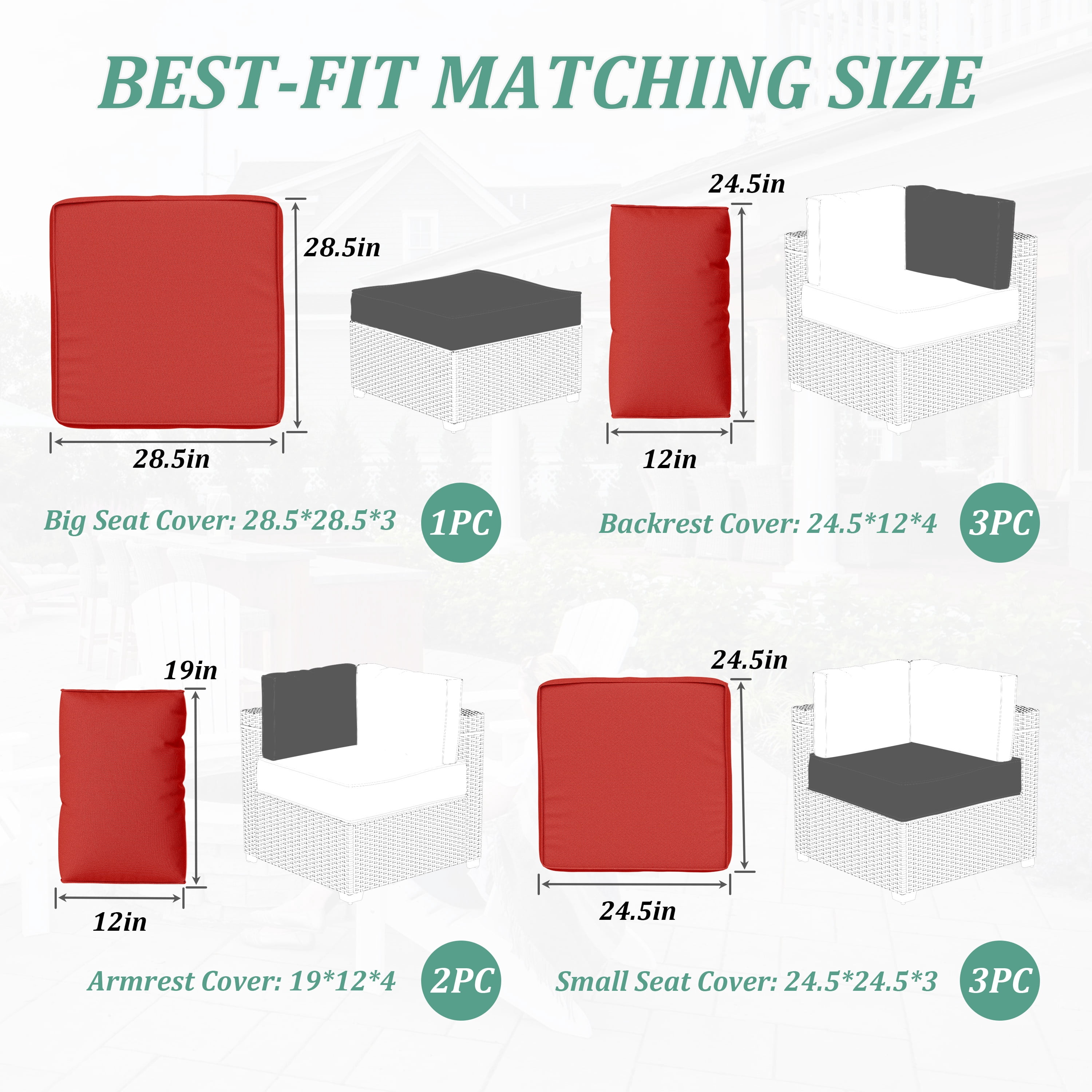 Snubbull Patio Furniture Cushions, Replacement Outdoor Cushions for 4-Seat Sectional Sofa,Waterproof & Zipped, Red
