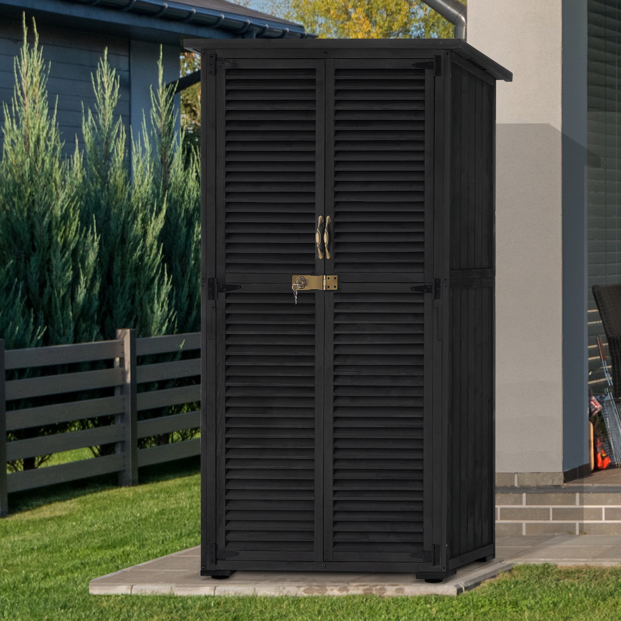 MCombo Outdoor Wooden Storage Cabinet, Garden Tool Shed w/ Latch, Outside Tools Wood Cabinet Double Doors