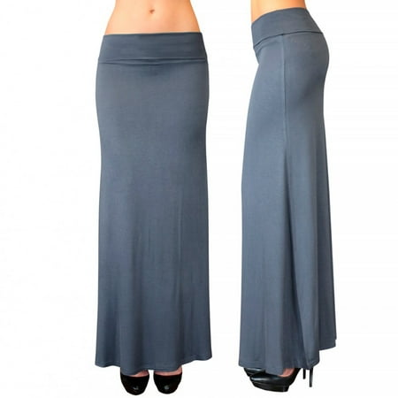 Women Maxi Skirt Waist Foldover Solid Full Long Jersey Lightweight Rayon