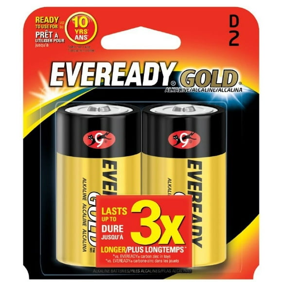 Eveready Flashlight Battery A95BP-2 Gold; Use With Remotes/Radios/Calculators And Motor Driven Toys; D-Type Alkaline Battery; 1.5 Volt; 1.346 Inch Diameter x 2.421 Inch Height; Pack Of 2