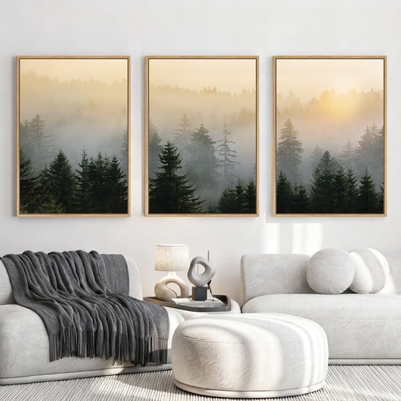 Forest Tree Canvas Wall Art Mountain Framed Wall Decor Misty Pine Tree Wall Painting Nature Landscape Artwork Green Pictures Set of 3 for Living Room Bedroom Office Gift 16x24 Inches