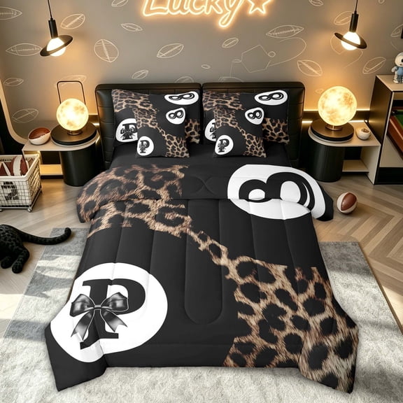 Feelyou Leopard Print Bow Letter P Twin Bedding for Girls, Black Brown Lucky Billiards Bedding Comforter Set, Black Reversible, 7 Pieces