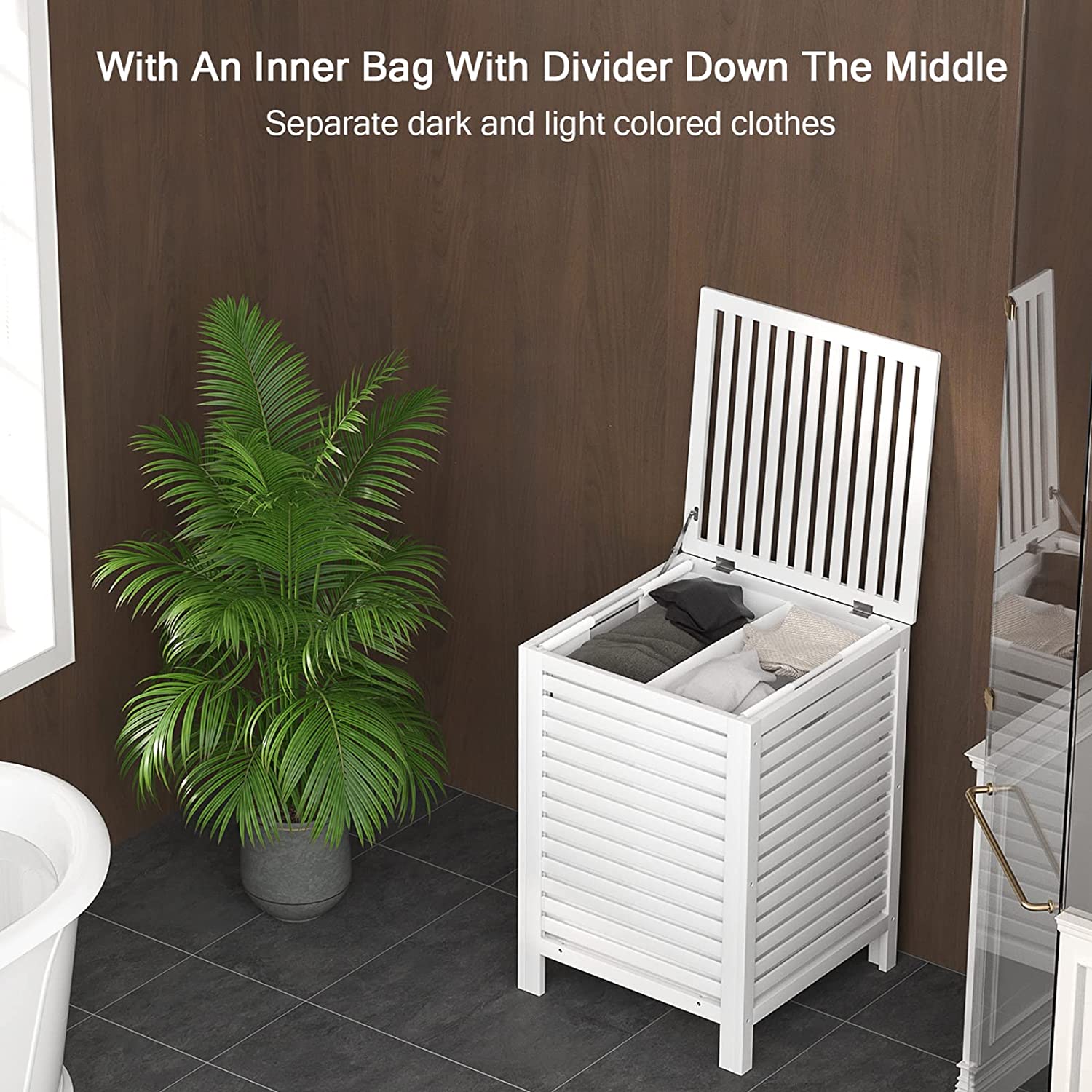 Bamboo Laundry Hamper with Lid, 120L Large Clothes Laundry Sorter with Removable 2-Section Liner Bag, Raised Laundry Basket Organizer for Clothing, Bathroom, Bedroom, Laundry Room, White