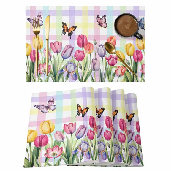 Tulips Spring Floral Placemats Set of 12, Flowers Butterfly Plaid Pastoral Placemats for Dining Table, Place Mats for Kitchen Tabletop, Waterproof Wipeable Dining Table Mats Set