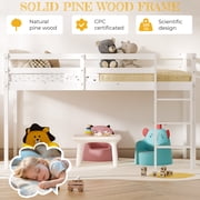 Zimtown Twin Size Loft Bed with Stairs Wood Low Sturdy Loft Bed for Bedroom, White