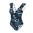 thumbnail image 4 of Yiaed Navy Blue Geometric Print Women's Ruffled One Piece Swimsuit V Neck Swimwear Slimming Monokini for Woman-Small, 4 of 8
