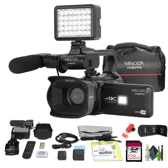 Minolta MN4KPRO 4K60FPS UHD 64 MP Autofocus Pro Camcorder Kit w/WiFi Bundle With 128GB Memory Card   Cleaning kit   Memory Card Wallet   USB Card Reader, SD/microSD