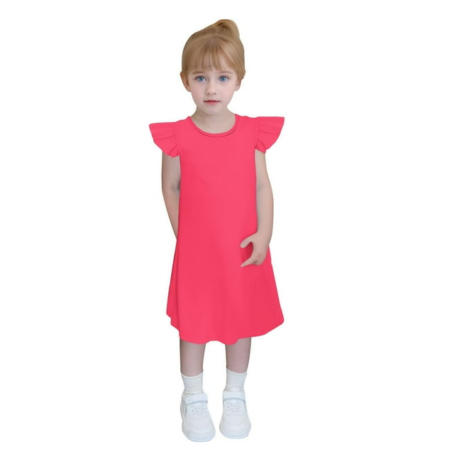 zbxnLI Girls Ruffle Sleeve Dress Solid Color Casual Crew Neck A-Line Sundress Kids Summer Vacation