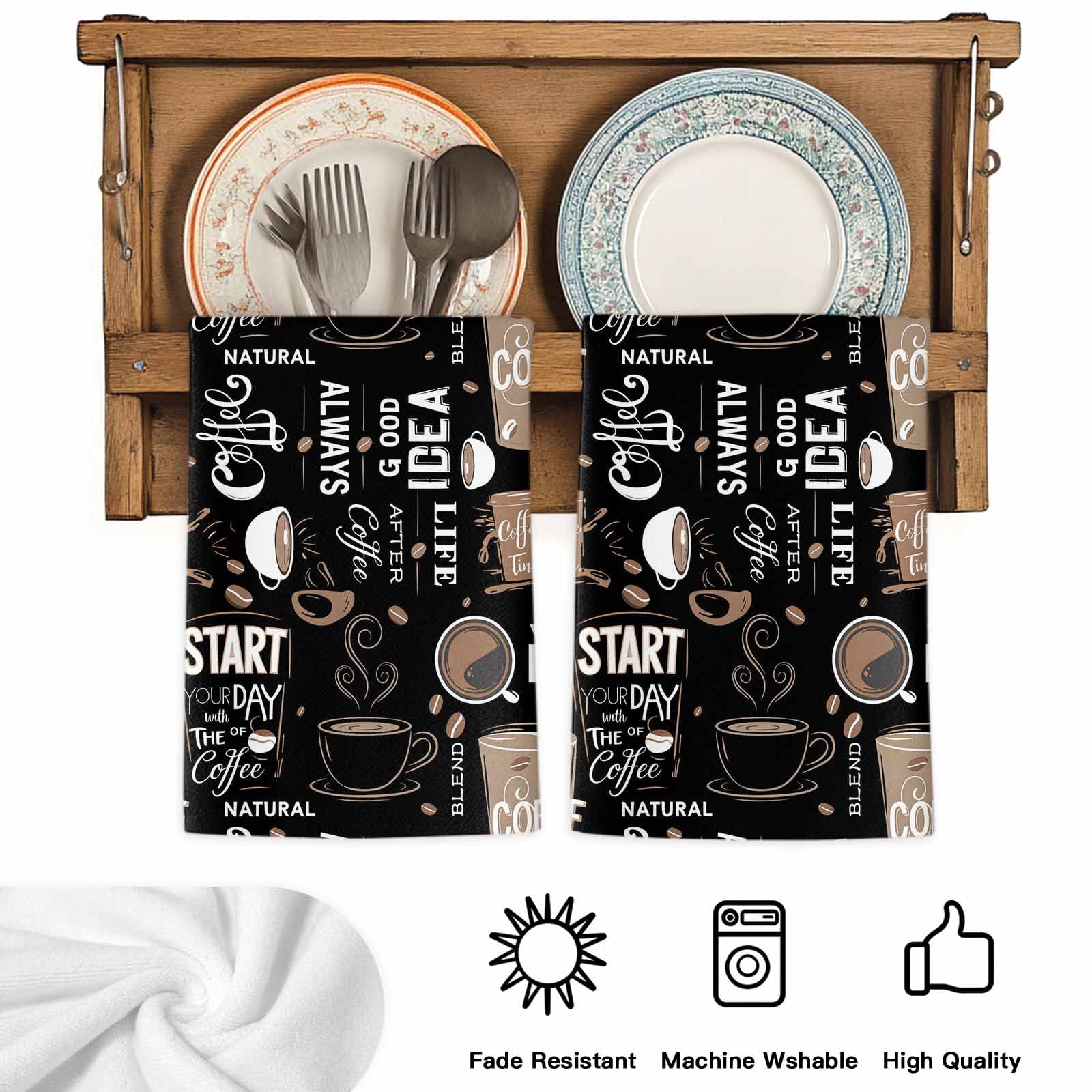 Coffee Black Kitchen Towels Set of 2, Brown Beans Cup Dessert Drink Monochrome Absorbent Dish Towels for Kitchen, Microfiber Hand Towel, Quick Drying Tea Towel for Cleaning Decorative Dishcloths
