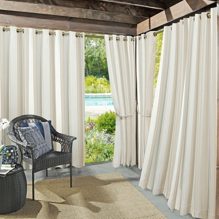 Sun Zero Valencia Cabana Stripe Indoor/Outdoor UV Protectant Room Darkening Grommet Curtain Panel, 54"x84", Khaki
