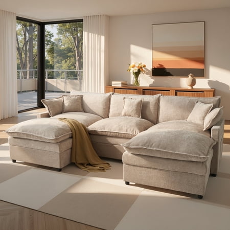 Toject 107.87" Modular Sectional Sofa U Shaped Cloud Couch, Chenille 4 Seat Deep Seat Sofa with 2 Movable Ottomans for Living Room Bedroom Apartment, Oatmeal
