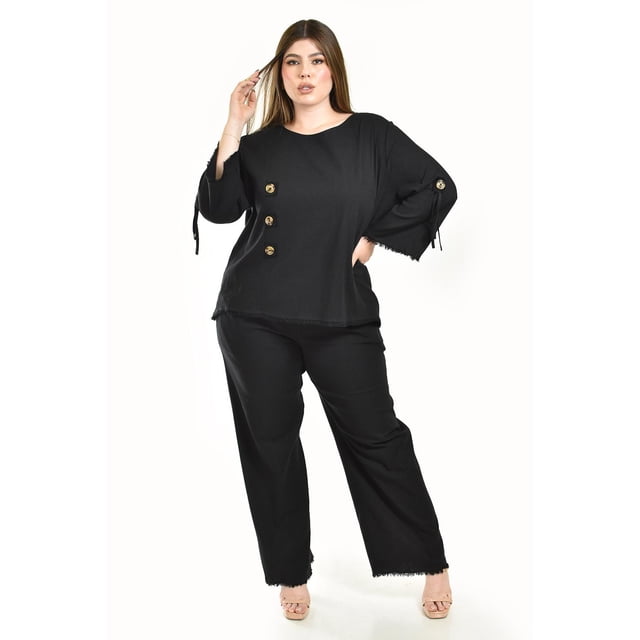 Set de lino con botones decorativos Roman Fashion /Tallas Extras, 0230 (Negro) negro 38